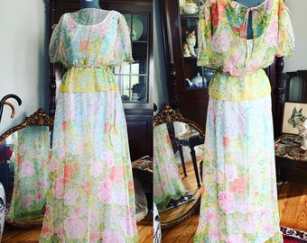 70s Boho Floral Chiffon Dress, Vintage Floral Maxi Dress, Vintage 70s Summer Dress, Floral Chiffon Dress, Sheer Overlay, Rose Flower Dress