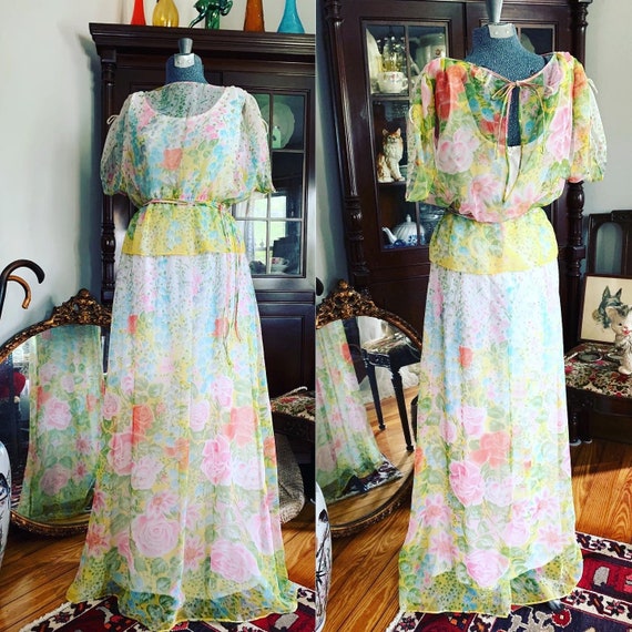 70s Boho Floral Chiffon Dress, Vintage Floral Max… - image 1