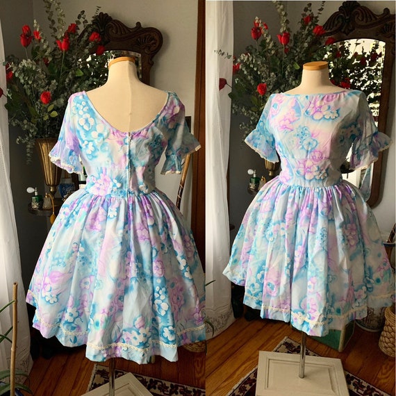 50s Watercolor Dress, 60s Fit And Flare Dress, 50s