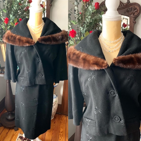 50s Black Suit, 50s Embroidered Suit, Mink Collar