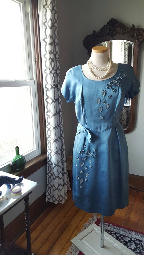 50s Periwinkle Blue Dress, 3D Flowers Dress, Vint… - image 1