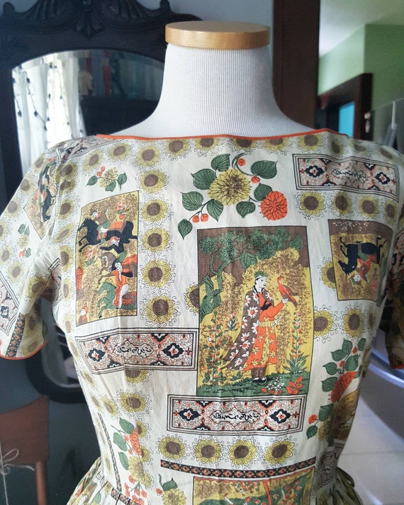 50s Oriental Asian Novelty Print Cotton Dress, 19