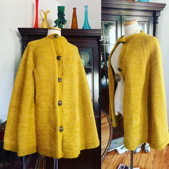 Vintage Mustard Yellow Knit Poncho, 60s Wool Knit