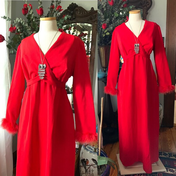 Vintage Red Feather Dress, Marabou Feather Trim Dr