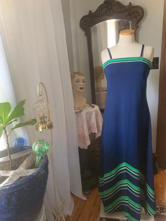 1970s Green Blue Dress, 70s Chevron Striped Dress… - image 6