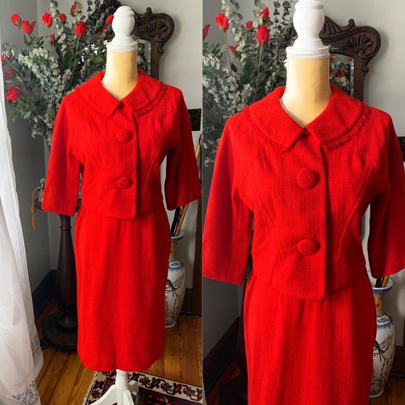 60s Red Suit, 60s Red Wool Suit, Size Small 60s Dr