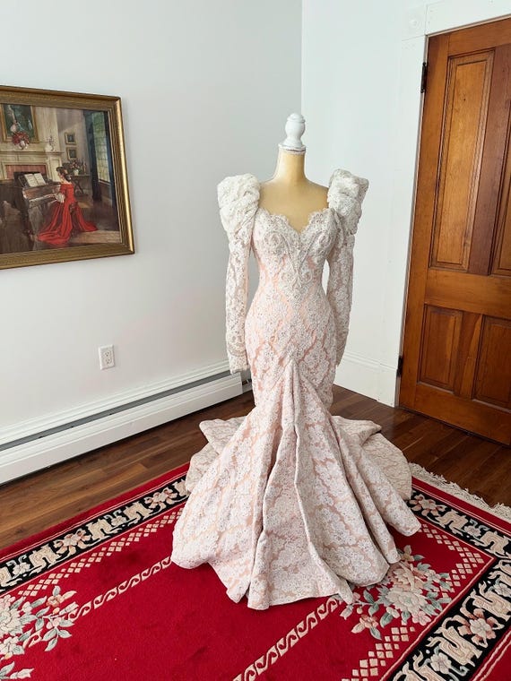 Vintage Designer Wedding Dress, Rose Gold Blush Wedding Gown, 1990s Wedding Dress, Lace Overlay Gown, Mermaid Wedding Dress, Hand Beaded - Etsy Vintage Designer Wedding Dress, Rose Gold Blush Wedding Gown, 1990s Wedding Dress, Lace Overlay Gown, Mermaid Wedding Dress, Hand Beaded - Etsy