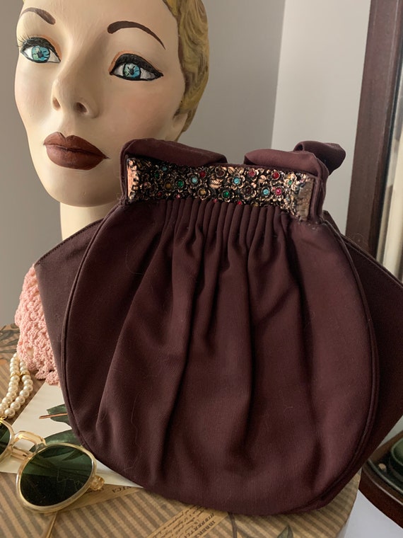 1940s Beaded Handbag, Brown Grosgrain Taffeta Pur… - image 5