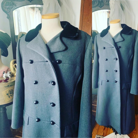 Vintage Double Breasted Grey Drop Waist Wool Coat… - image 1