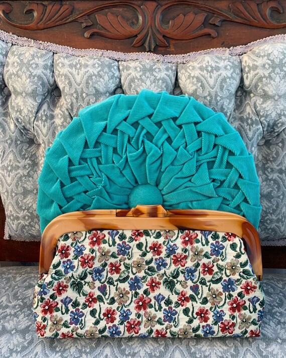 50s Tapestry Clutch, Vintage Clutch, Vintage Tapes