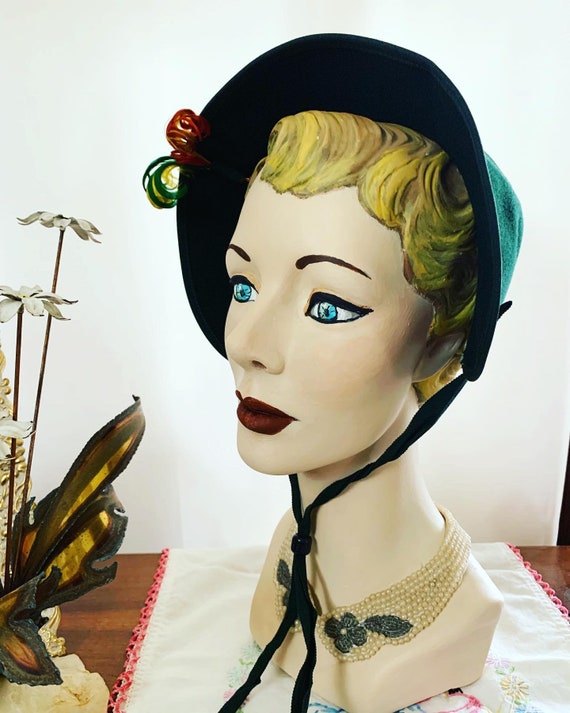 40s Green Wool Hat, 1940s Green Wool Hat, 40s Bonn
