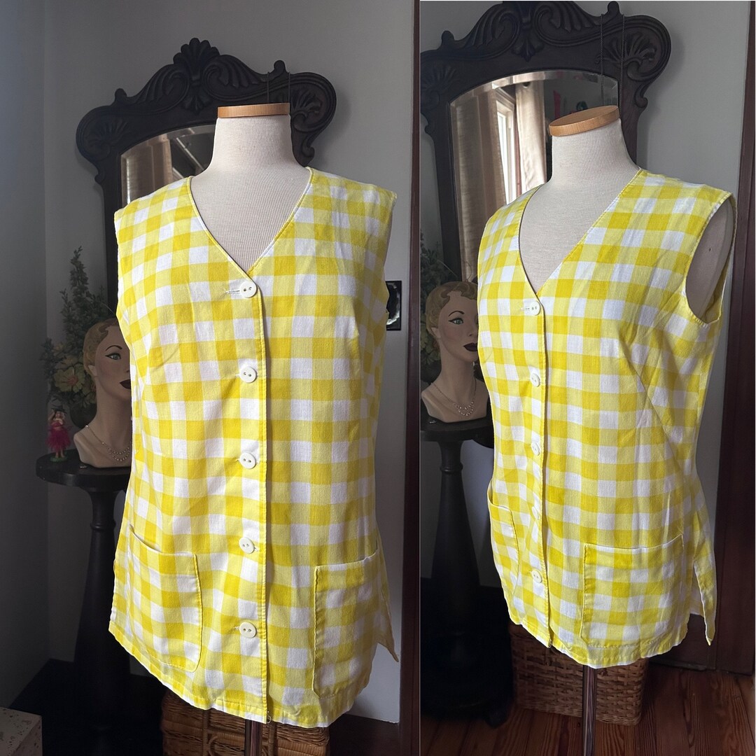 1960s Yellow Gingham Blouse 60s Yellow Checkered Shirt Size Etsy