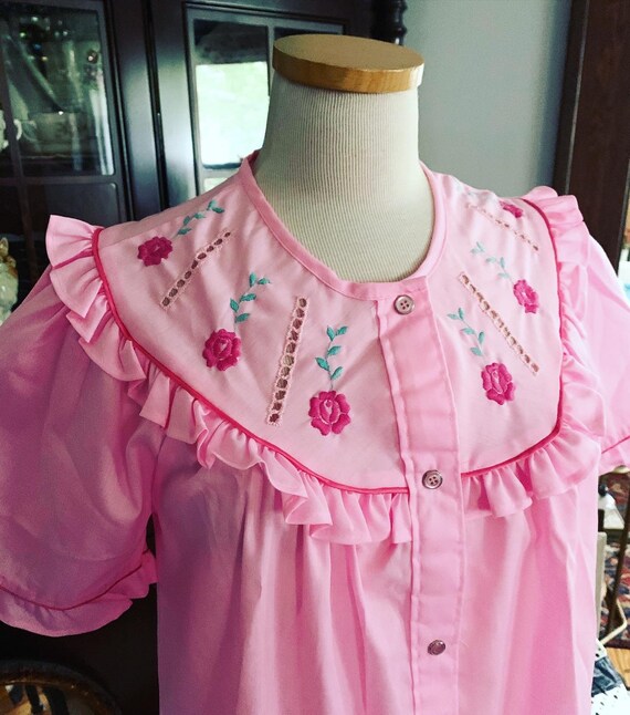 50s Pink Rose Embroidered House Dress, 60s Pink Ho