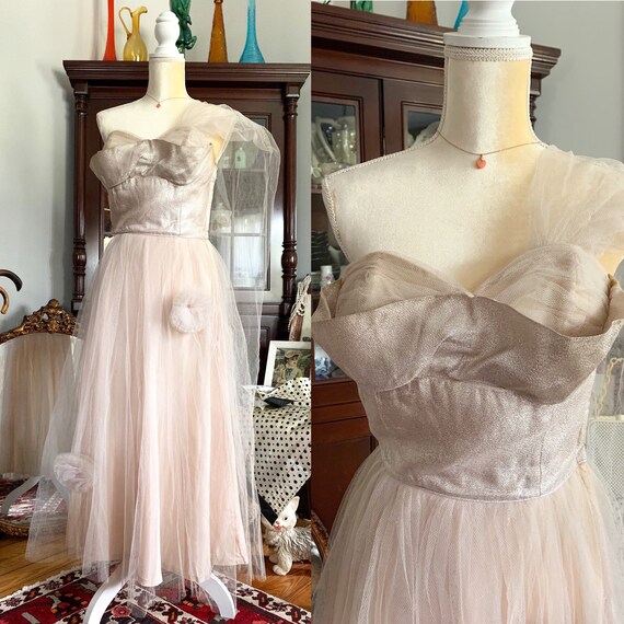 50s Blush Shimmer Tulle Dress, Vintage Strapless T