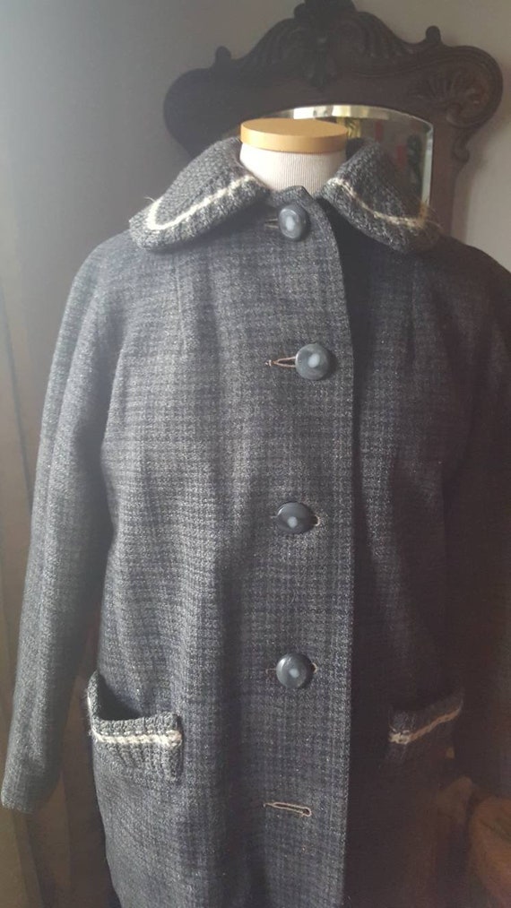 50s Grey Wool Plaid Coat, 1950s Grey Wool Coat, 4… - image 2