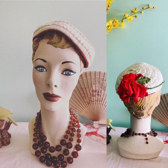 50s Straw Hat, 50s Tilt Hat, 50s Rose Hat, Vintage