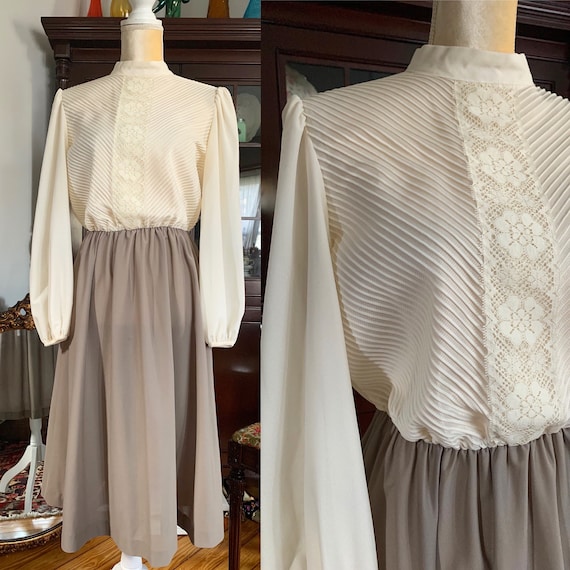 Vintage 70s Secretary Dress, Ivory Tan Dress, Ball