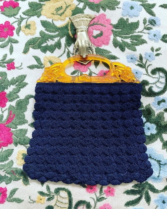 40s Blue Lucite Handle Purse, 40s Crochet Handbag… - image 10