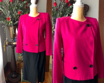 Vintage Neiman Marcus Suit, 80s Designer Suit, Vintage Couture Suit, Fuchsia Pink Blazer, Suit Jacket Skirt Set, Wool Winter Suit, Size 4