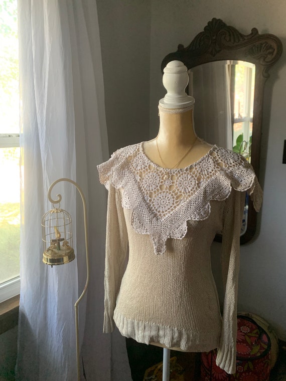 Vintage Cottagecore Sweater, Ivory Crochet Sweate… - image 5