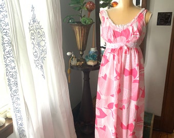 60s Suzy Star Nightgown, Psychedelic Pink Dress, Vintage Pink Nightgown, Size Small Nightgown, Vintage Cotton Pajamas, 60s Lingerie