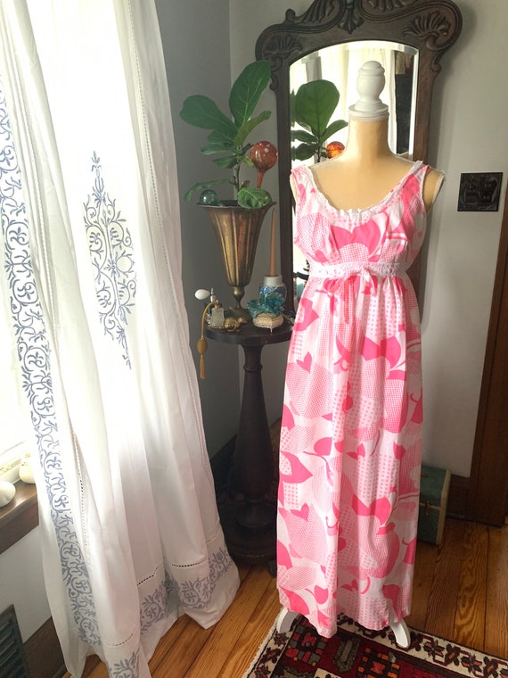 60s Suzy Star Nightgown, Psychedelic Pink Dress, V