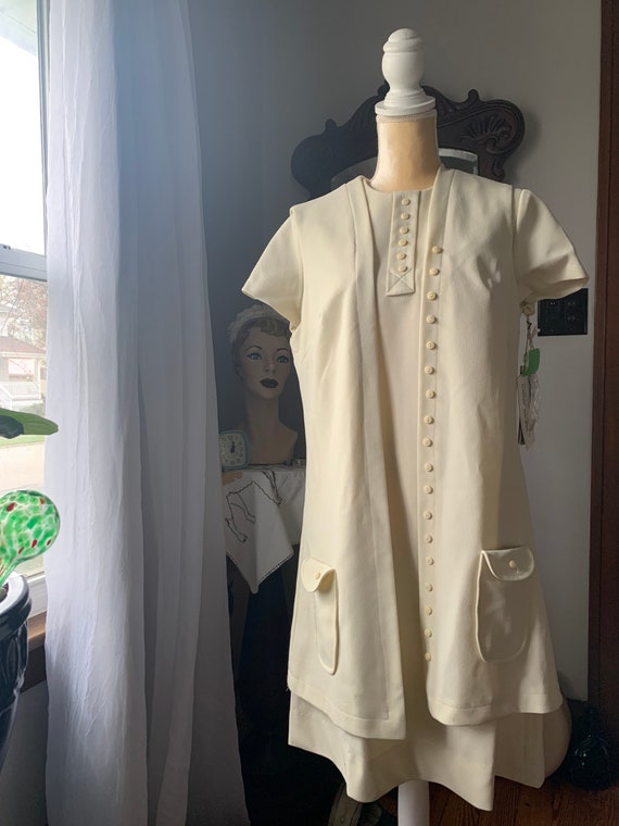 70s Dress Vest Set, 1970s Knit Ivory Dress, Sprin… - image 8