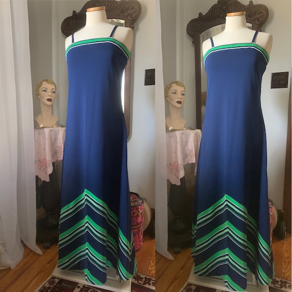 1970s Green Blue Dress, 70s Chevron Striped Dress… - image 1