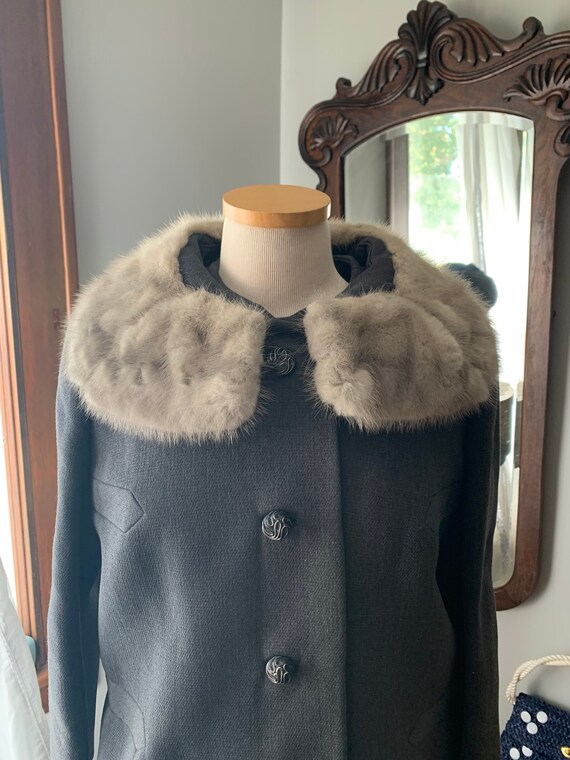 1950s Grey Silver Mink Collar Coat, 60s Grey Box … - image 7