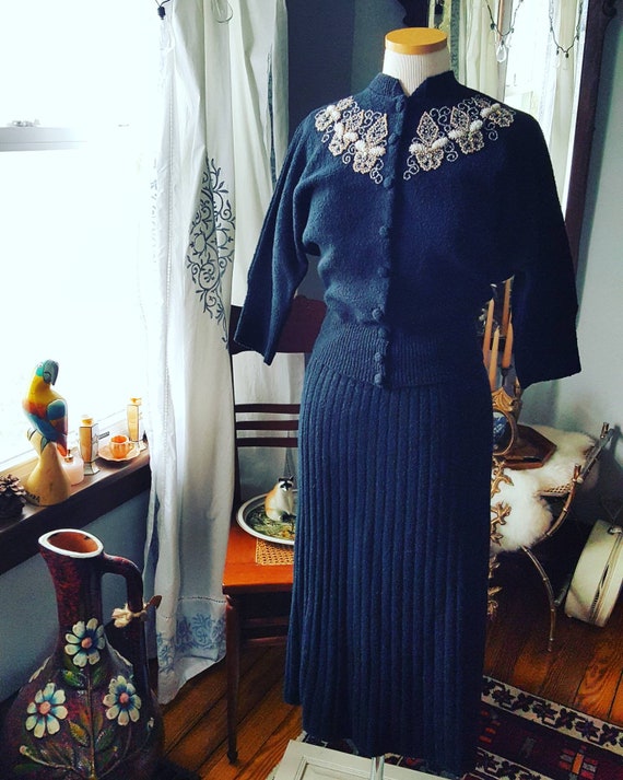 1940s Knit Sweater Set, Vintage Black Knitted Swea