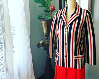 Vintage gestreifte Jacke Rock Set, Neon Orange Rot Rock Set, 70er Akt III Damen Anzug Rock, Vintage Faltenrock, Orange Rock, Orange Rot