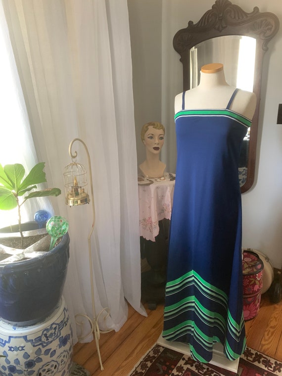 1970s Green Blue Dress, 70s Chevron Striped Dress… - image 3