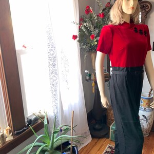 90s Red Velvet Jumpsuit, 90s Asian Inspired Romper, Vintage 40s Style Winter Pants, Size Medium Jumpsuit, Tet Pants, Black Pants, High Waist image 6