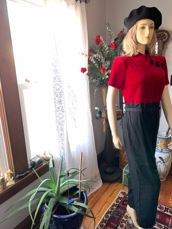 90s Red Velvet Jumpsuit, 90s Asian Inspired Rompe… - image 6