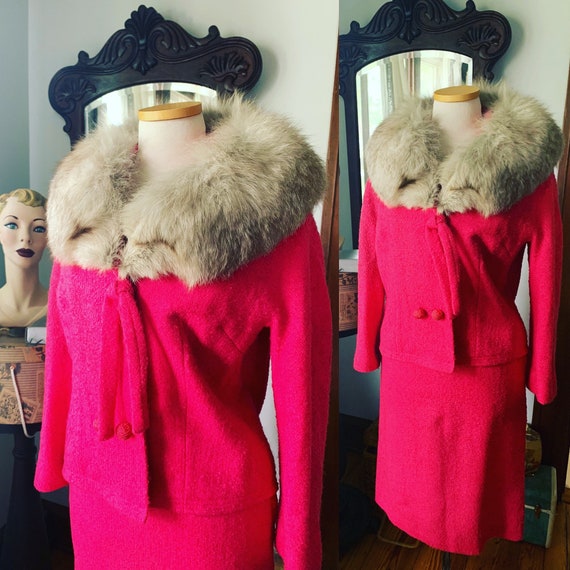 Lilli Ann Pink Boucle Fox Fur Collar Suit, 1960s … - image 1