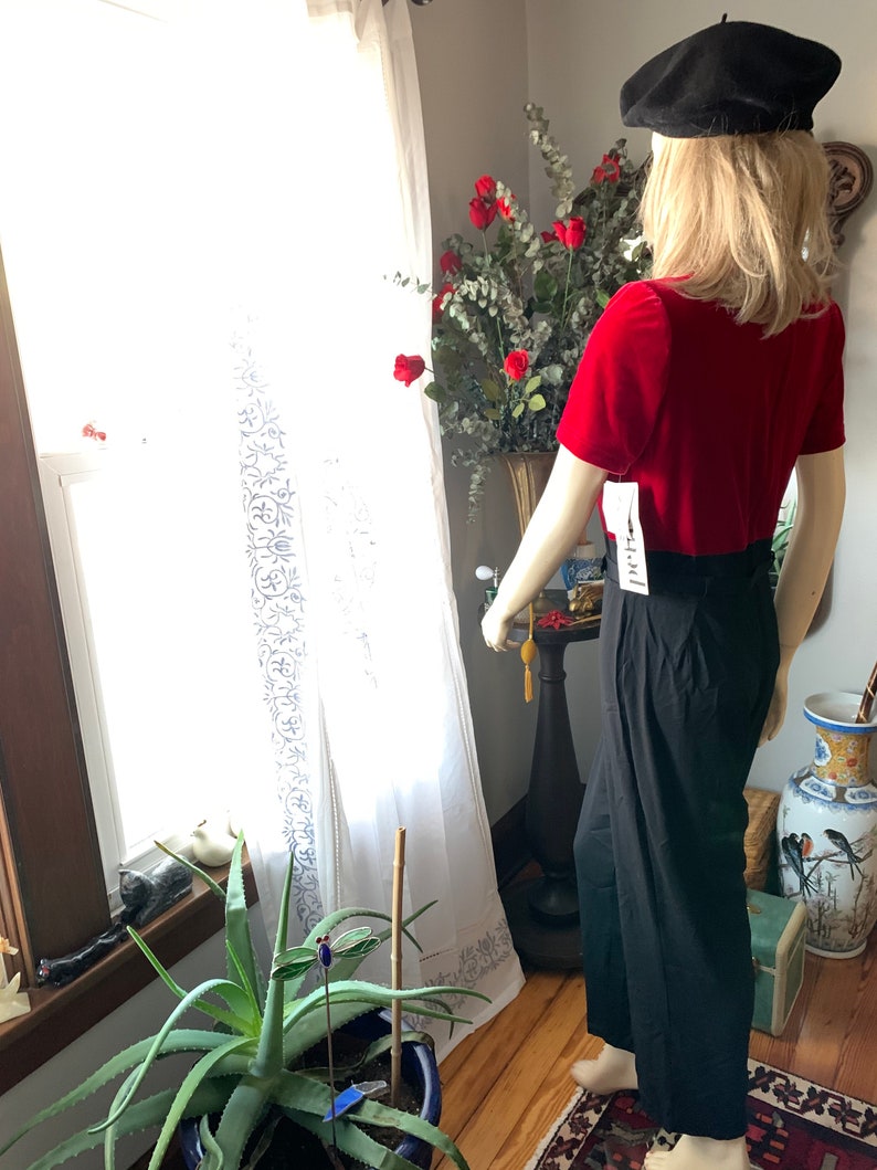 90s Red Velvet Jumpsuit, 90s Asian Inspired Romper, Vintage 40s Style Winter Pants, Size Medium Jumpsuit, Tet Pants, Black Pants, High Waist image 2