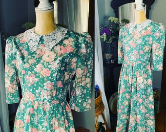 Vintage Floral Cottage Dress, 90s Cottage Core Dress, Pink Floral Prairie Dress, Cottagecore Dress, Size Small Dress, Lace Bib Collar Dress