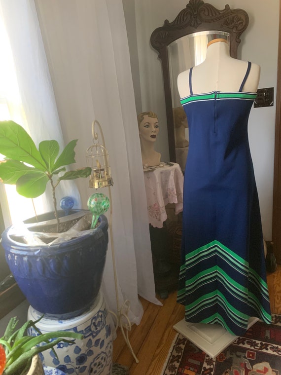 1970s Green Blue Dress, 70s Chevron Striped Dress… - image 7