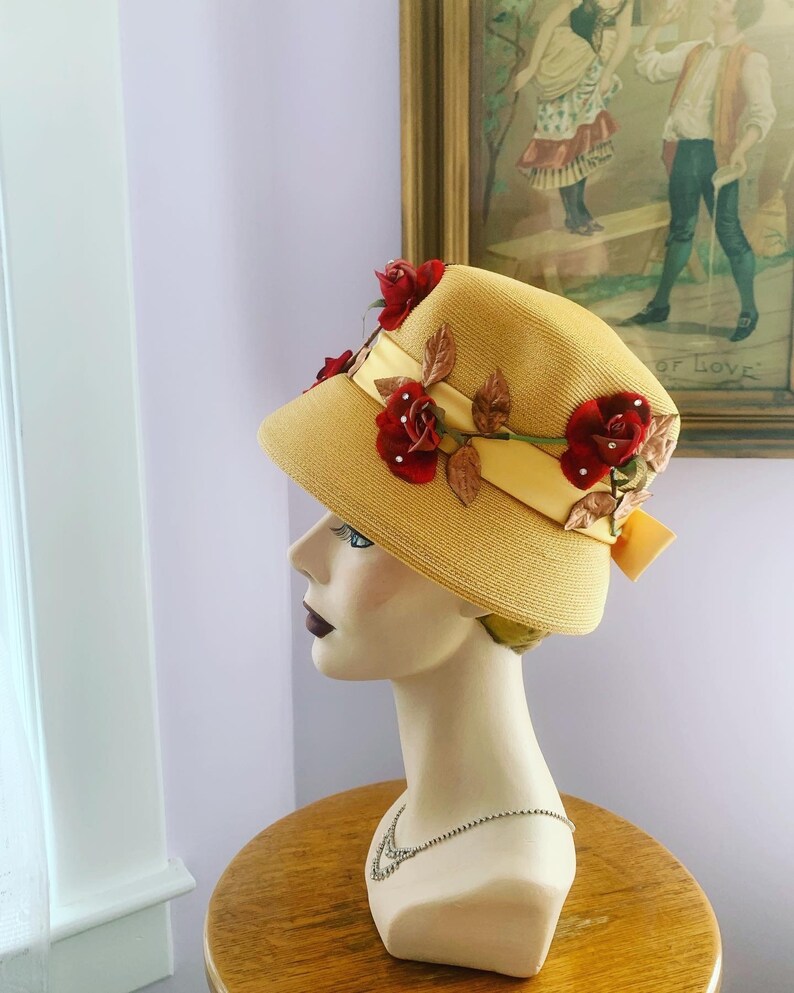 Vintage Red Rose Hat 1950s Yellow Hat 50s Yellow Hat 60s Etsy