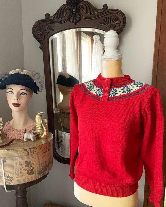 Vintage Red Sweater 1940s Style, 70s Does 40s Styl