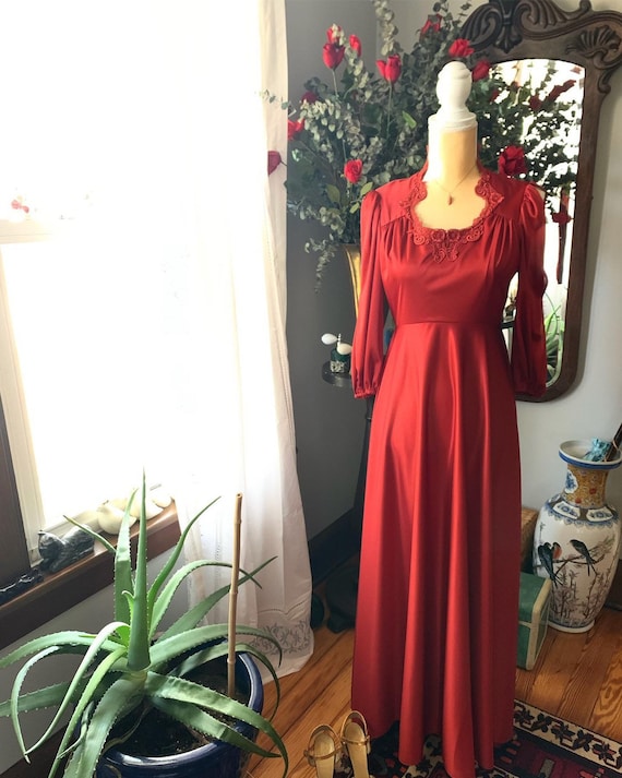 Red Orange 70s Dress, Long 70s Rust Dress, Size Sm