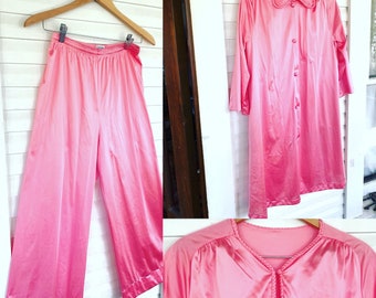 Vintage Pink Nylon Tricot Vanity Fair Pajamas Set, Bubblegum Pink Vanity Fair Robe, Pants, Shirt, Satiny Pink PJs, Size Medium, Three Piece