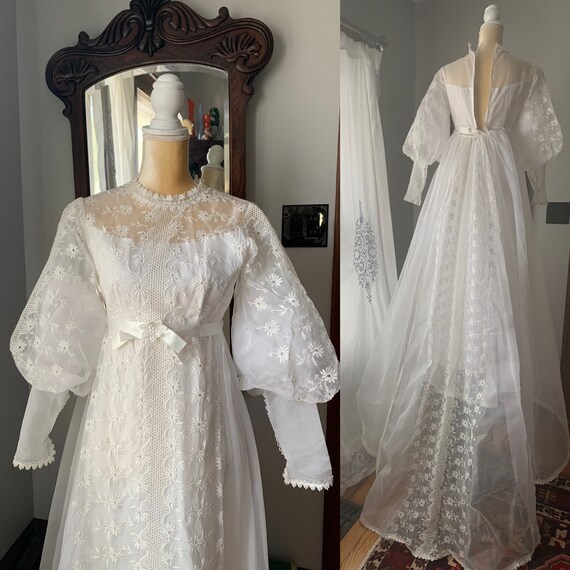 60s Boho Balloon Sleeves Wedding Dress, Vintage Wh
