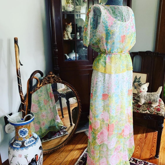 70s Boho Floral Chiffon Dress, Vintage Floral Max… - image 9