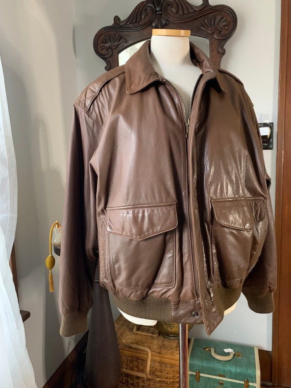 Vintage Mens Brown Leather Bomber Jacket, 90s Leat