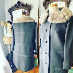 1950s Grey Silver Mink Collar Coat, 60s Grey Box Coat, 60s Grey Coat, Size Small to Medium Coat, Vintage Winter Coat, Greg Dress Coat