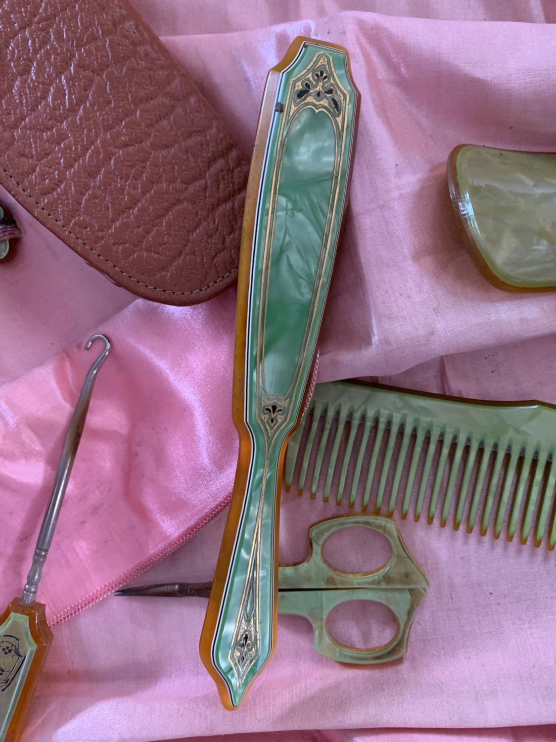 Vintage Green and Pink Vanity Mirror & Brush Set In Blue Fabric Covered Case Vintage 1940s Gold Tone Vanity Set Floral Hand Mirror  main image 3