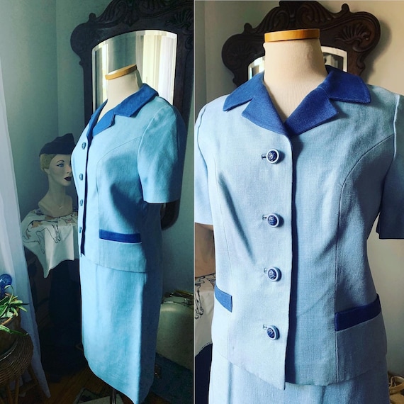 1950s Blue Linen Dress Suit, 50s Irish Linen Suit… - image 1