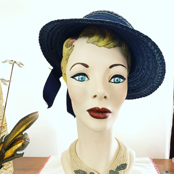40s Navy Blue Straw Hat, 40s Blue Summer Hat, 40s