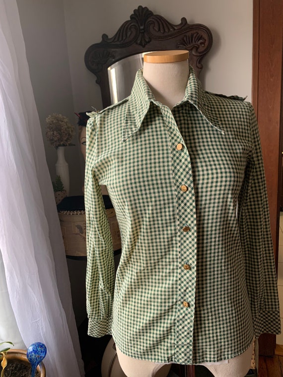 1970s Green Blouse, 70s Green Plaid Shirt, 70s Gr… - image 7